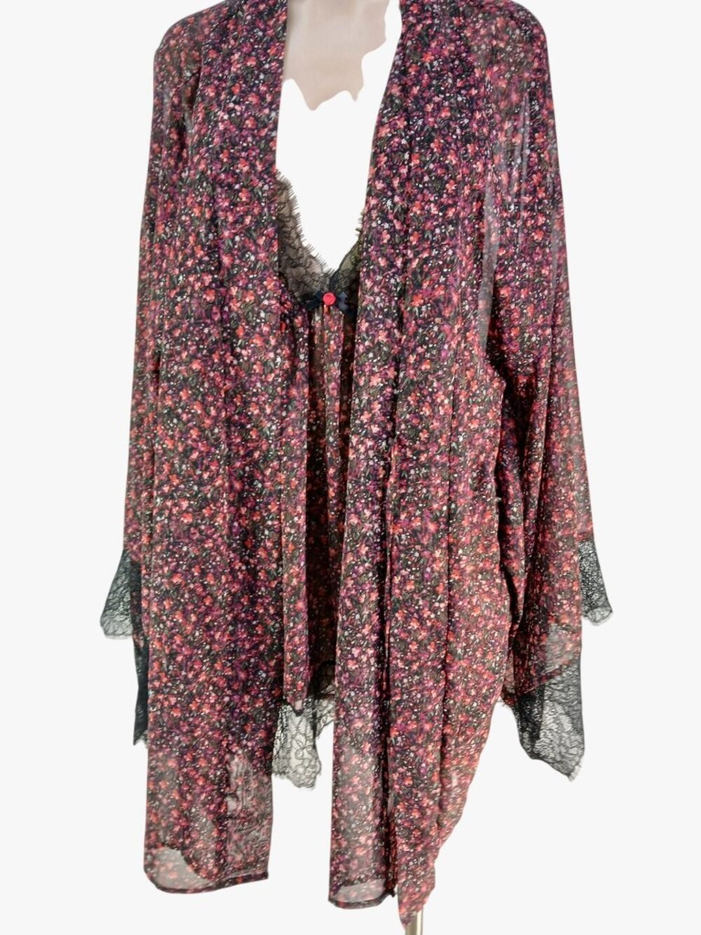 Cacique Floral Babydoll Nighty 4X Lingerie Sheer Lace Kimono Robe Black Red Flor - Picture 2 of 16